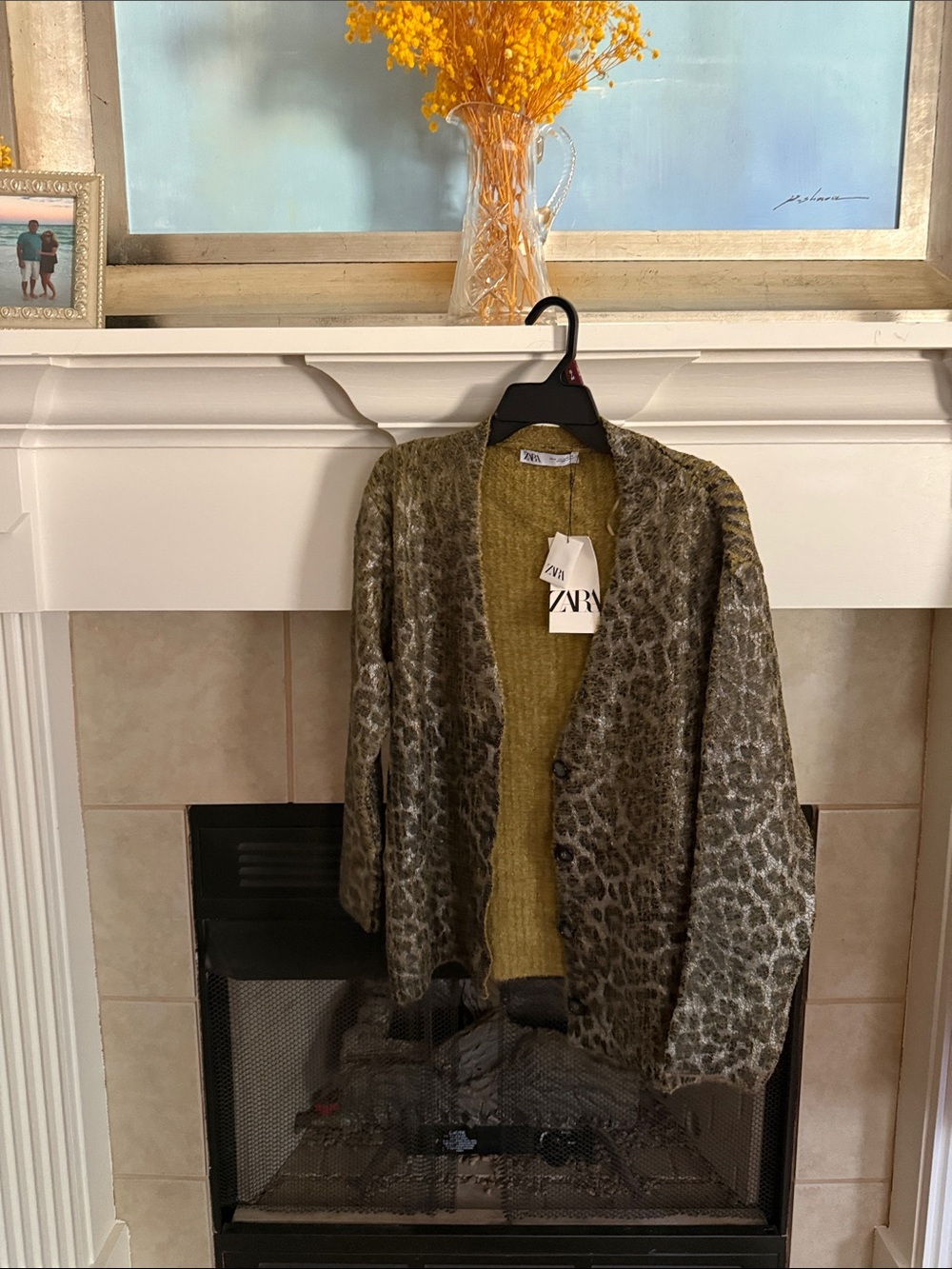 Zara Olive & Gray Leopard-Print Open Cardigan